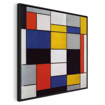 Piet mondrian composition – svart ram. Stora röda, gula, blå och svarta rektanglar möter vita fält inom raka mörka linjer.