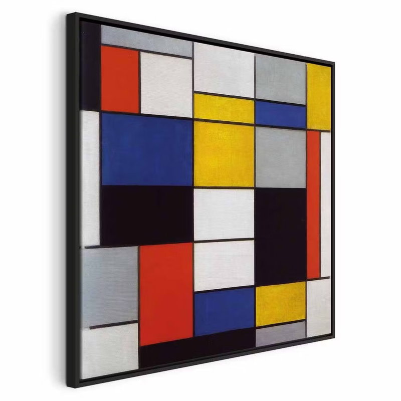Piet mondrian composition – svart ram. Stora röda, gula, blå och svarta rektanglar möter vita fält inom raka mörka linjer.