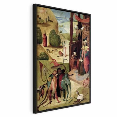 Hieronymus bosch st james – svart ram. Flera små gestalter i historiska dräkter rör sig mellan byggnader, träd och landskap i gröna och röda toner.