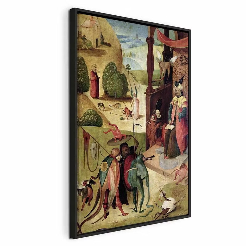 Hieronymus bosch st james – svart ram. Flera små gestalter i historiska dräkter rör sig mellan byggnader, träd och landskap i gröna och röda toner.