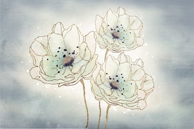 Ocean flowers wide – motivvy. Tre ljust tecknade blommor med gyllene stjälkar står mot en mjukt blågrå bakgrund.