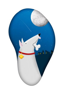 Dog dreams vertical – motivvy. En vit, tecknad hund med rött halsband tittar upp mot en ljus måne på en djupblå, oval natthimmel.