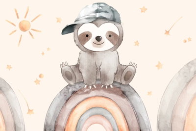 Happy sloth sloth in subdued – motivvy. En liten tecknad sengångare med keps sitter på en dämpat rosa och grå regnbåge bland små stjärnor.