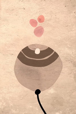 Sand balloon vertical – motivvy. En brungrå rundad form med ljusa bågar och en tunn svart stjälk möter små rosa cirklar på beige botten.