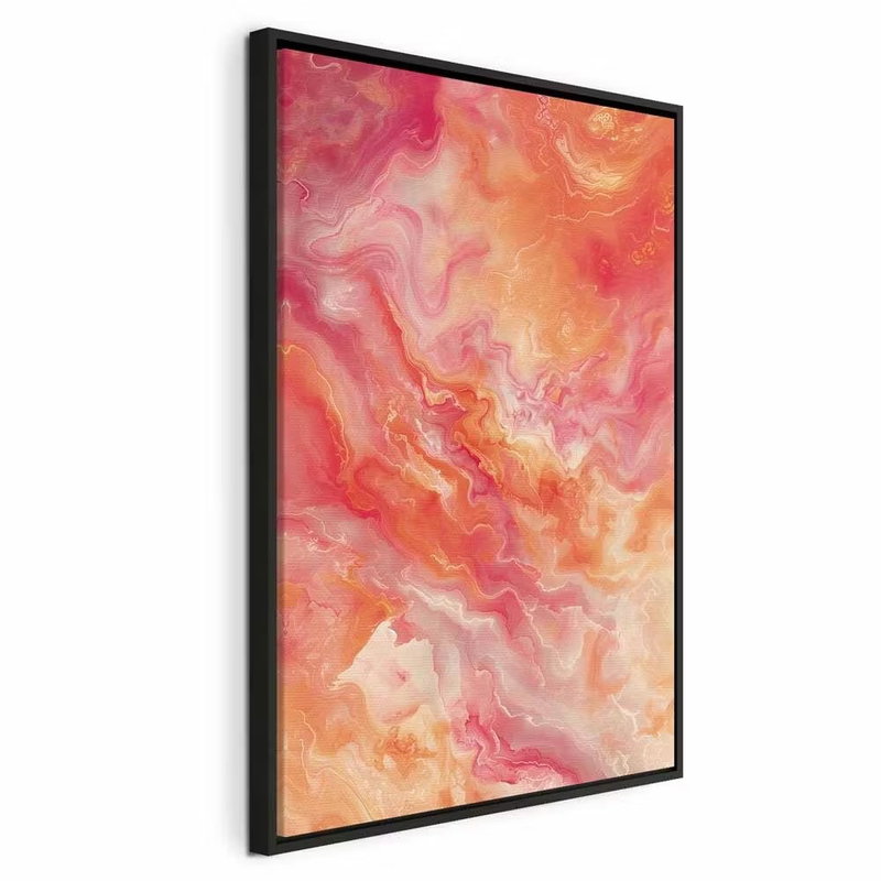Fiery colors dynamic shapes – svart ram. Rosa, korallröda, orange och crèmefärgade skikt bildar ett böljande, marmorerat abstrakt mönster.