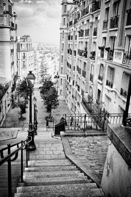 Parisian suburb vertical – motivvy. En lång trappa med mörkt räcke leder ned mellan täta husfasader i en svartvit stadsbild.
