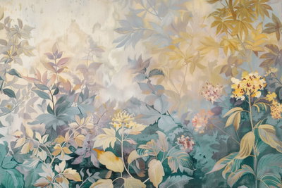 Tapestry pattern with a – motivvy. Gråblå och gula blad- och blomformer sprider sig i ett tunt mönster över en ljus botten.
