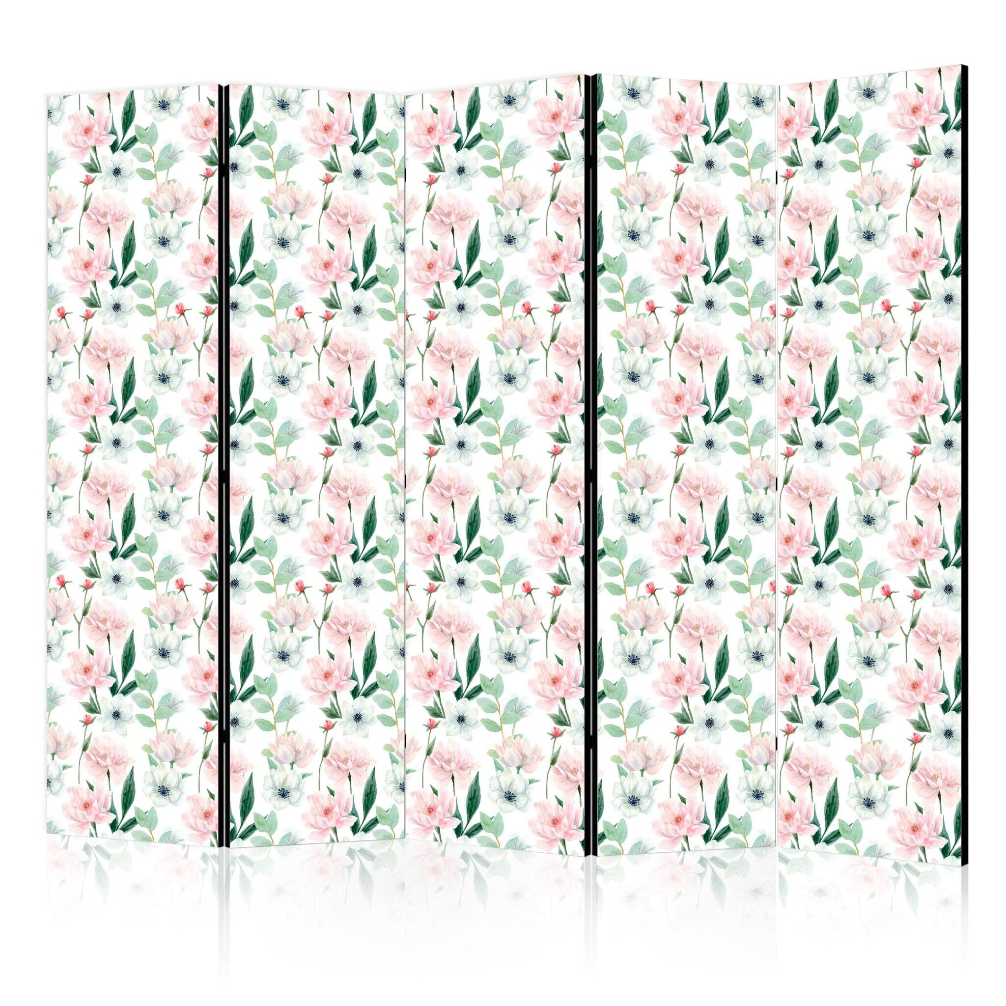 5-delad ljuddämpande rumsavdelare – Peonies - pink (225x172cm)