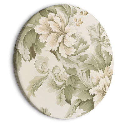 Rund motivvy för Retro vintage flowers: Vita blommor och böjda blad bildar ett stort mönster i dämpat grönt mot en ljus botten.