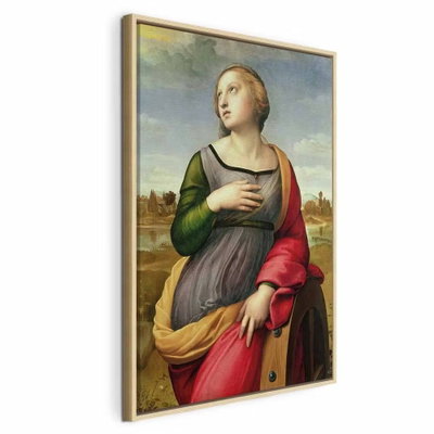 Rafael santi st catherine of – naturfärgad ram. En sittande kvinna i rött, grönt och gult blickar uppåt i ett klassiskt målat landskap.