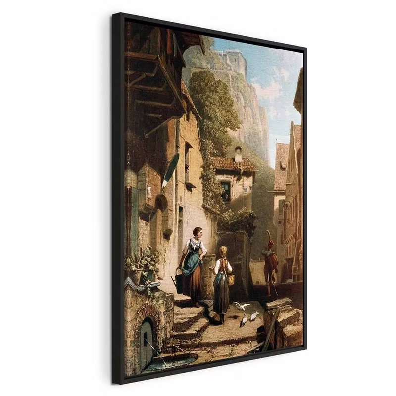 Carl spitzweg im – svart ram. Små personer står på en trappa i en smal, solbelyst gränd mellan höga brunbeige hus och grön växtlighet.