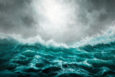Restless ocean wide – motivvy. Höga turkosa vågor och vitt skum breder ut sig under en mörk, grå molnhimmel.