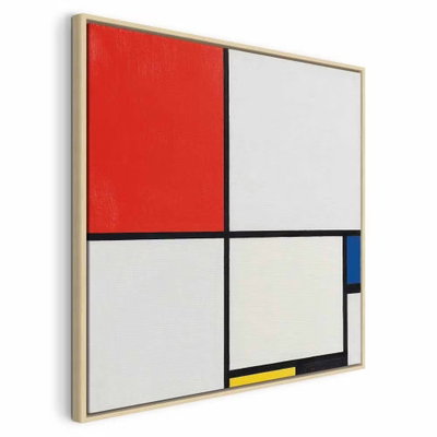 Piet mondrian composition – naturfärgad ram. Ett stort rött fält ligger ovanför vita ytor, med svarta skiljelinjer och små blå och gula partier.