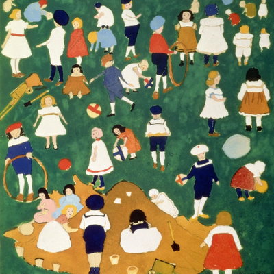 Kazimir malevich children – motivvy. Små gestalter i färgrika kläder samlas i en cirkelformad grupp på en grön målad yta.