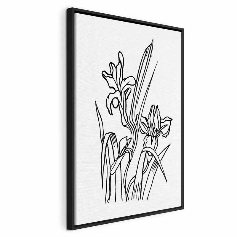 Love irises vertical – svart ram. Irisblommor med smala blad återges med tunna svarta konturer mot en vit botten.