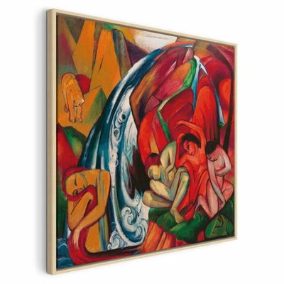 Franz marc the waterfall – naturfärgad ram. Blå vattenstråk och röda, orange, gröna och gula former bygger en tät, vinklad målning.