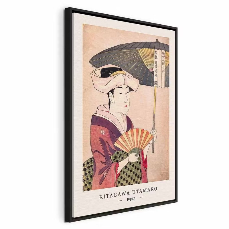 Woman with an umbrella – svart ram. En kvinna med parasoll återges i ett japanskt bildmotiv med rosa, beige och mörka linjer.