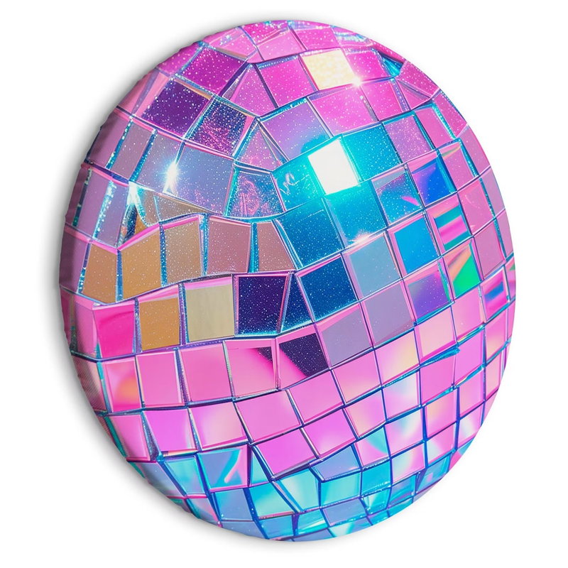 Rund motivvisning af Pink disco ball: Lyserøde og lilla spejlfelter brydes af blåt og turkis i et lyst diskokuglemotiv.