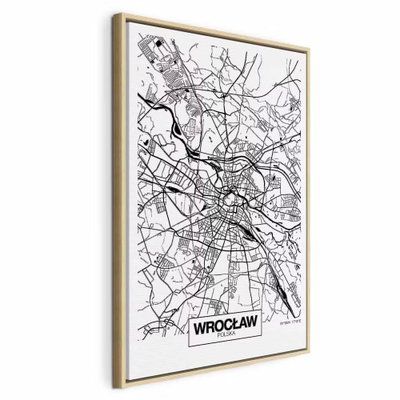 City plan wroclaw vertical – naturfärgad ram. Svarta gator och vattenformer bildar ett tätt kartmönster på vitt med namnet WROCŁAW nedtill.