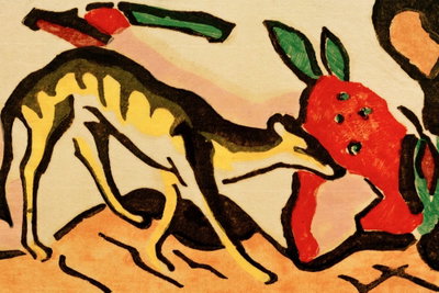 Franz marc fabeltier – motivvy. Ett gult och svarttecknat djur vänder huvudet mot en röd form i en förenklad komposition med kraftiga konturer.