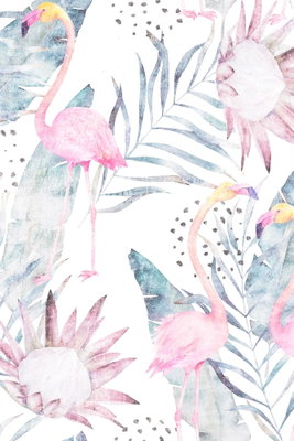 Exotic fog vertical – motivvy. Rosa flamingor, stora blommor och gråblå blad bildar ett glest tropiskt mönster mot vitt.