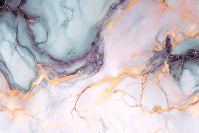 Pastel stones pink and blue – motivvy. Ljusblå, rosa och vita färgskikt möter mörka och guldfärgade ådringar i ett tryckt marmormotiv.
