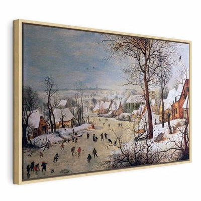 Pieter bruegel the elder – naturfärgad ram. Små gestalter rör sig på isen i en snötäckt by med kala träd och hus under en blågrå himmel.