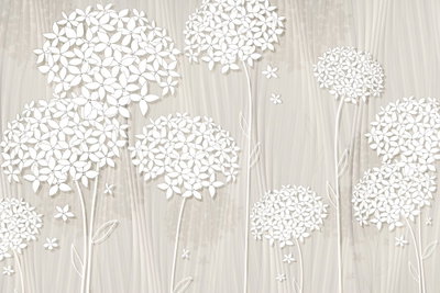 Flowers in the wind – motivvy. Runda, vita blomställningar och tunna stjälkar bildar ett ljust mönster över en beige, träliknande bakgrund.