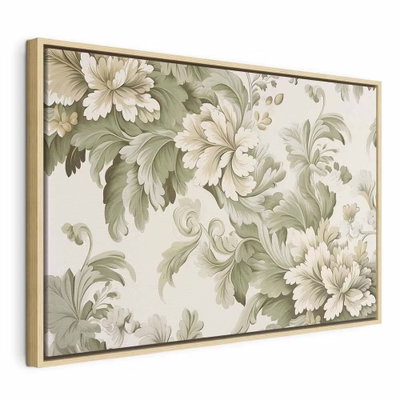 Retro vintage flowers in – naturfärgad ram. Stora crèmefärgade blommor och gröngrå blad bildar ett tätt dekorativt mönster på ljus botten.