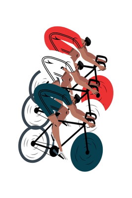 Cycling race competitors on – motivvy. Två cyklister i rött, vitt och blågrönt lutar sig över sina cyklar på en vit bakgrund.
