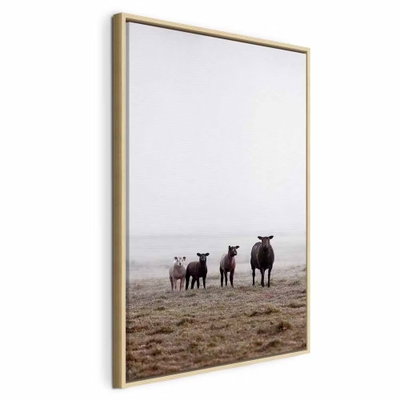 Friends in the morning – naturfärgad ram. En liten grupp får står på kort gräs under en stor, nästan vit dimhimmel.