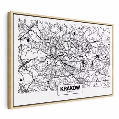 City plan krakow wide – naturfärgad ram. Ett tätt nät av vägar och kvarter löper över en vit, liggande stadskarta med namnet KRAKÓW nedtill.