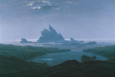 Caspar david friedrich cliff – motivvy. Skarpa, mörka klippor reser sig i ett kallt blågrönt hav under en stor, disig himmel.