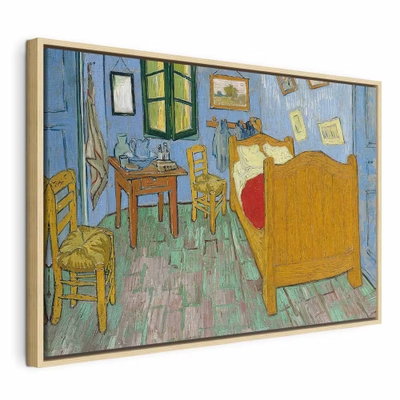 Vincent van gogh la chambre – naturfärgad ram. En gul säng och stolar står i ett rum med blå väggar och grönt golv. Det målade perspektivet ger bilden sin särprägel.