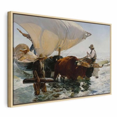 Joaqu n sorolla y bastida – naturfärgad ram. Dragdjur och en ljus segelbåt står i grunt vatten i en målad scen med blågrå vågor.