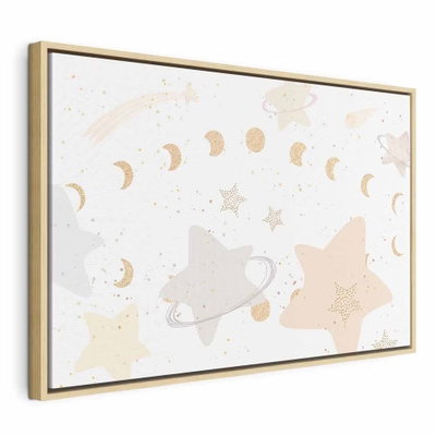 Fairy tale galaxy phases of – naturfärgad ram. Ljusa planeter, stjärnor och en rad månfaser bildar en luftig illustration i vitt, crème och blekt gult.
