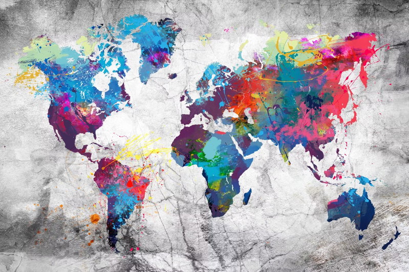 World map grey style: Klara färger i rosa, blått, gult och grönt möter en ljusgrå bakgrund med tryckta spricklinjer.