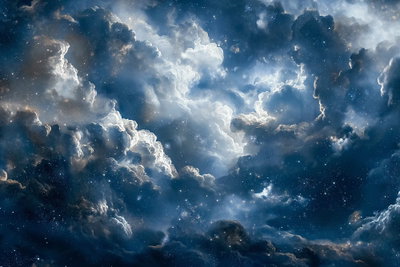 Astronomical wonders clouds – motivvy. Ljusa stjärnpunkter skimrar mellan täta, mörkblå moln och ljusare öppningar på himlen.