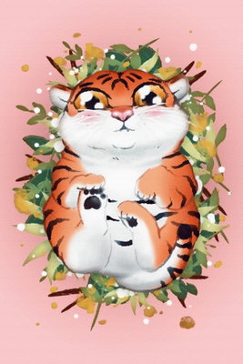 Tigger on the grass vertical – motivvy. En illustrerad tiger i orange och vitt bär en blomkrans mot en mjukt rosa bakgrund.