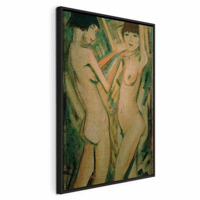 Otto mueller two girls – svart ram. Två stiliserade nakna gestalter återges i jordfärger och grönt i en målad komposition.