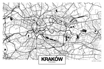 City plan krakow wide – motivvy. Ett tätt nät av vägar och kvarter löper över en vit, liggande stadskarta med namnet KRAKÓW nedtill.