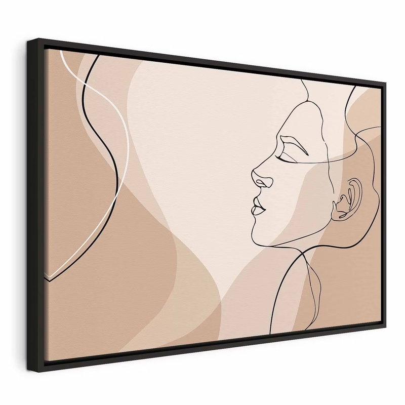 Feminine line – svart ram. En kvinnoprofil tecknas med tunna svarta linjer över mjuka beige, bruna och ljust rosa färgfält.