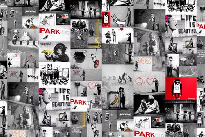 Street art banksy – motivvy. Många små svartvita bildrutor och textfragment möter röda accenter i ett tätt collage.