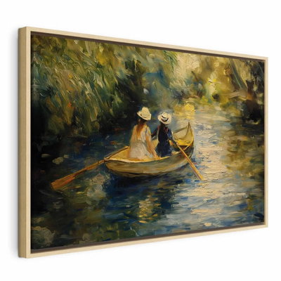 Boat crossing painting of – naturfärgad ram. Två personer i ljusa hattar sitter i en liten båt på grönblått vatten under skuggande växtlighet.