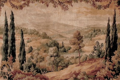 Mediterranean landscape old – motivvy. Smala träd och mjuka kullar breder ut sig i ett landskap i varmt bruna och grönaktiga toner.