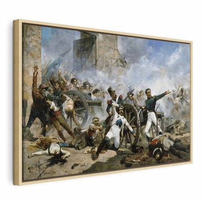 Joaqu n sorolla y bastida – naturfärgad ram. Uniformerade gestalter och kanoner samlas i ett rökigt, målat landskap med grå, blå och bruna toner.