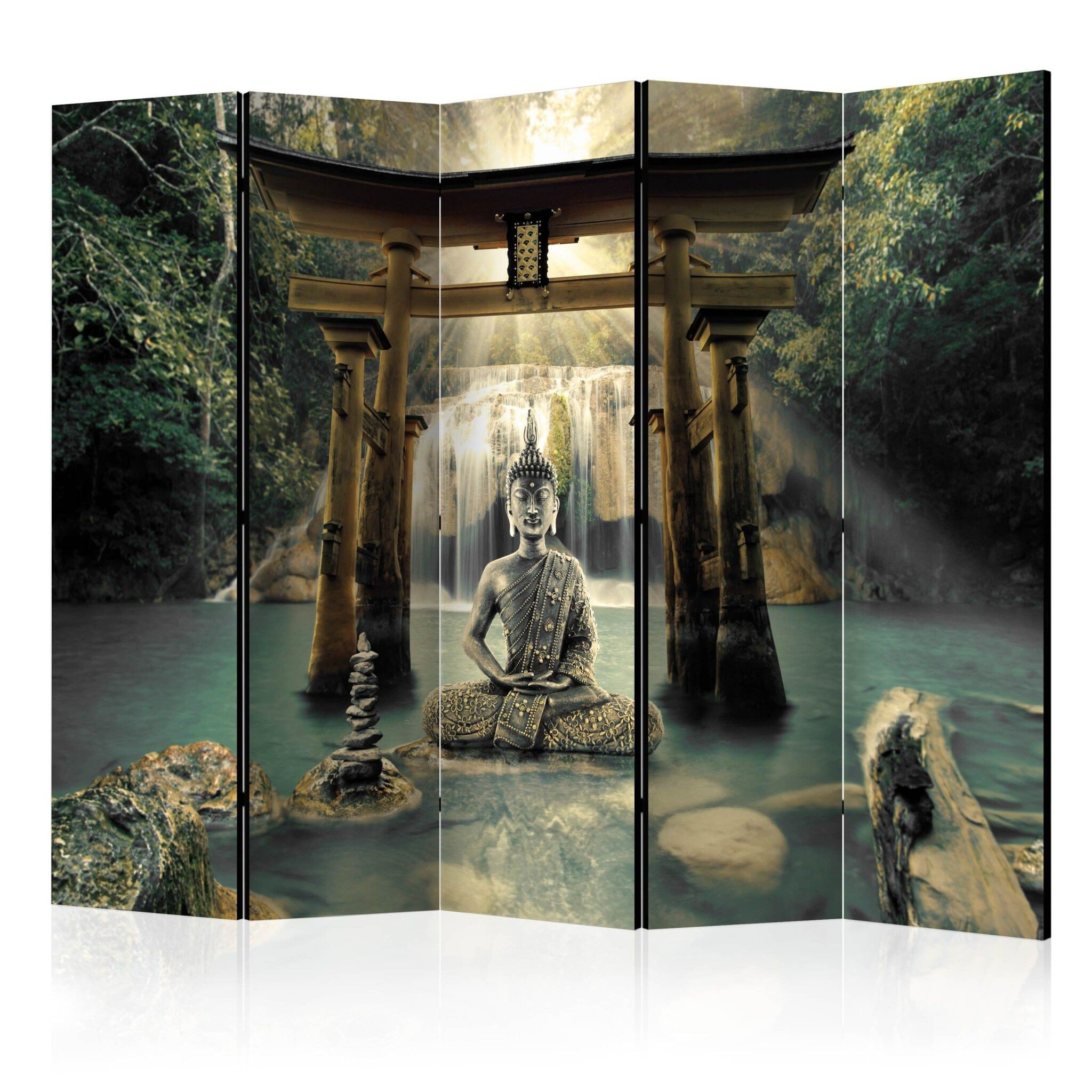 5-delad ljuddämpande rumsavdelare – Buddha smile (225x172cm)