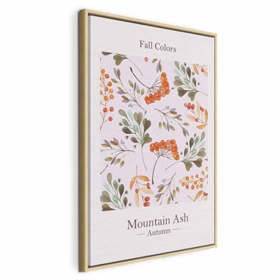 Fall colors vertical – naturfärgad ram. Små blad, kvistar och orange rönnbär ramas in av engelsk typografi på en ljust rosa bildyta.