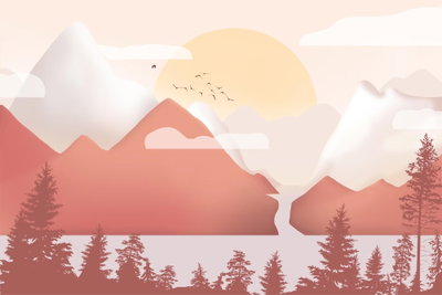 Landscape at sunset wide – motivvy. Rosa berg, mörka barrträd och en ljus sol bildar ett stiliserat landskap med små moln.