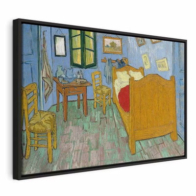 Vincent van gogh la chambre – svart ram. En gul säng och stolar står i ett rum med blå väggar och grönt golv. Det målade perspektivet ger bilden sin särprägel.